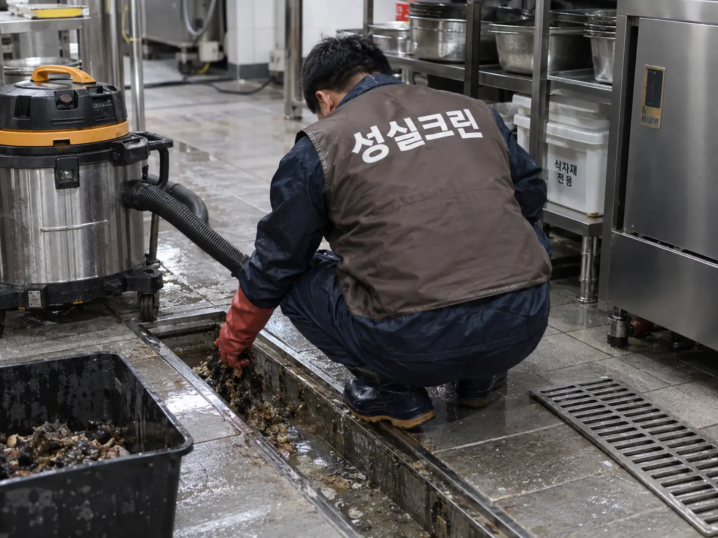 배수구 내부 이물질 제거 작업