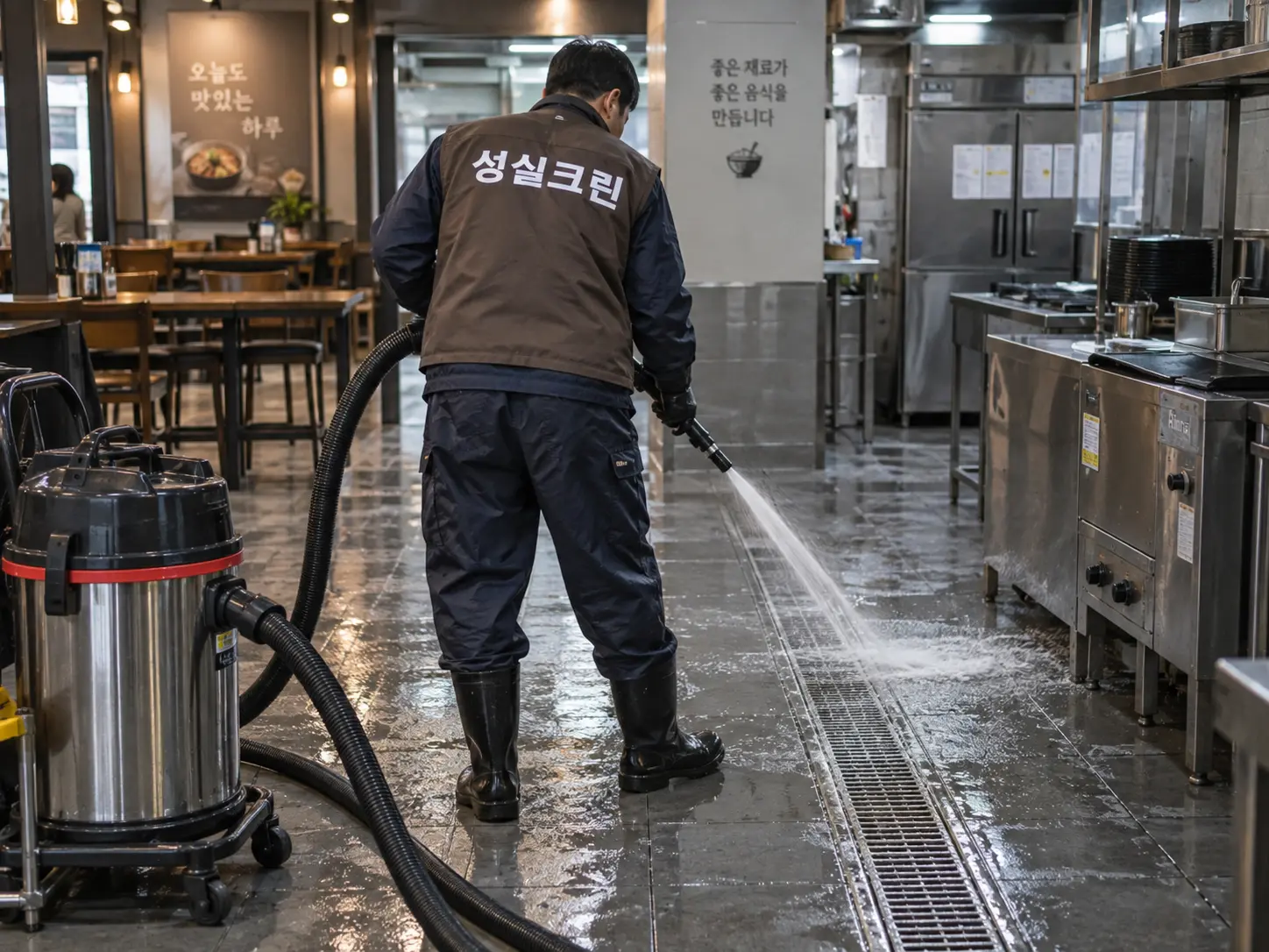 배수관 세척 후 상업공간 바닥 소독