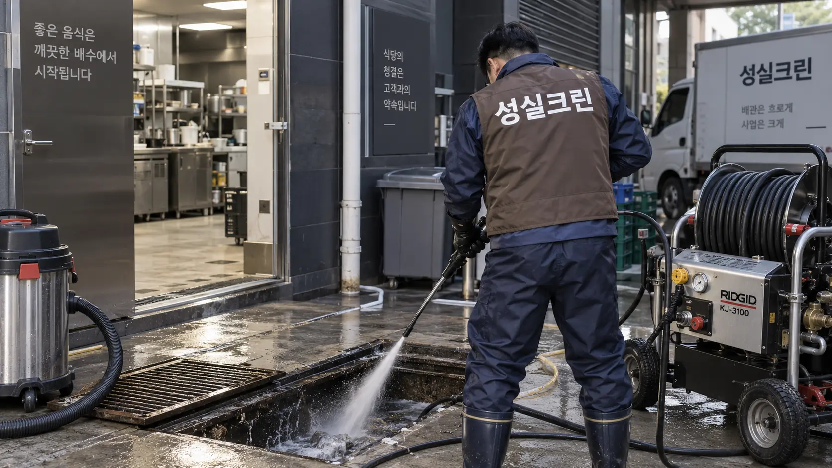 상업시설 막힌 배수관 고압세척