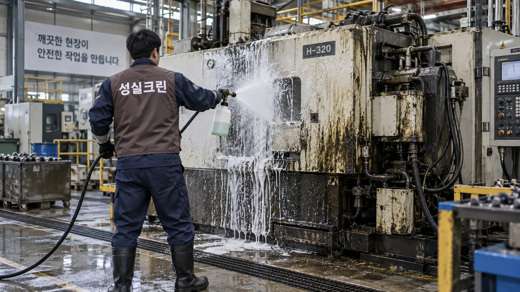 공장 기계설비 외부 기름때 세척