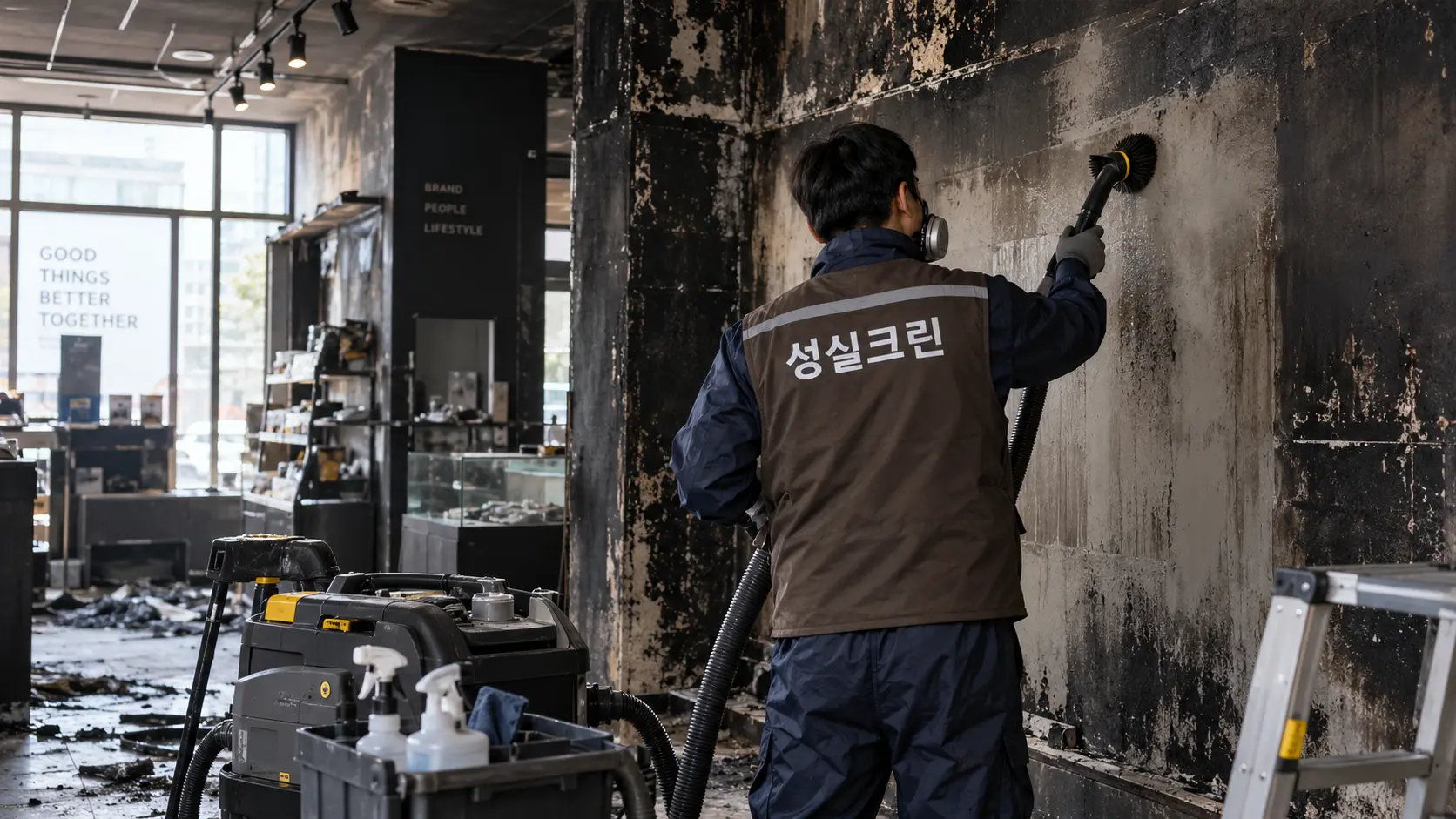 화재 피해 상가 벽면 그을음 제거