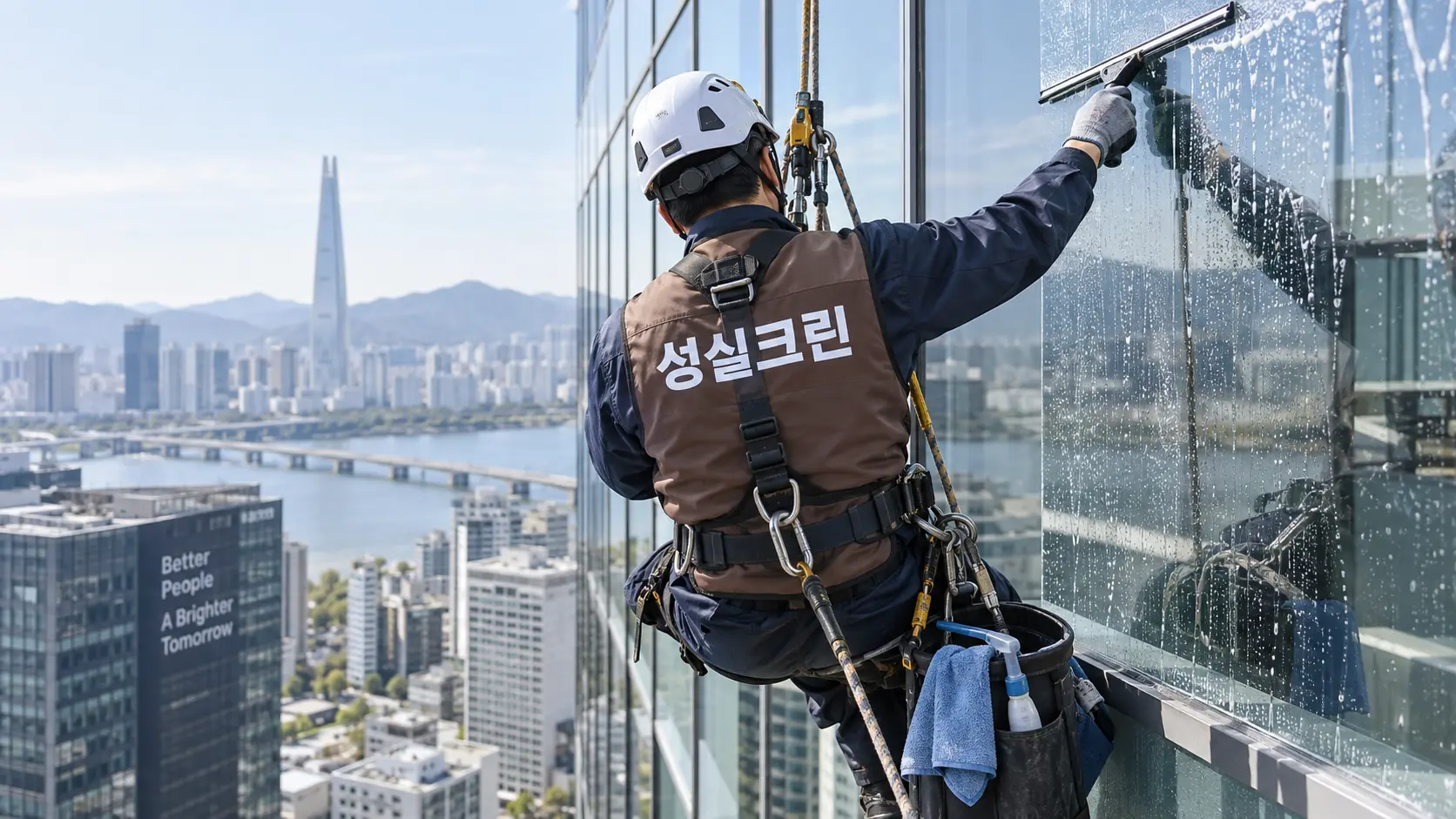 로프 작업자가 상업건물 유리외벽 세척