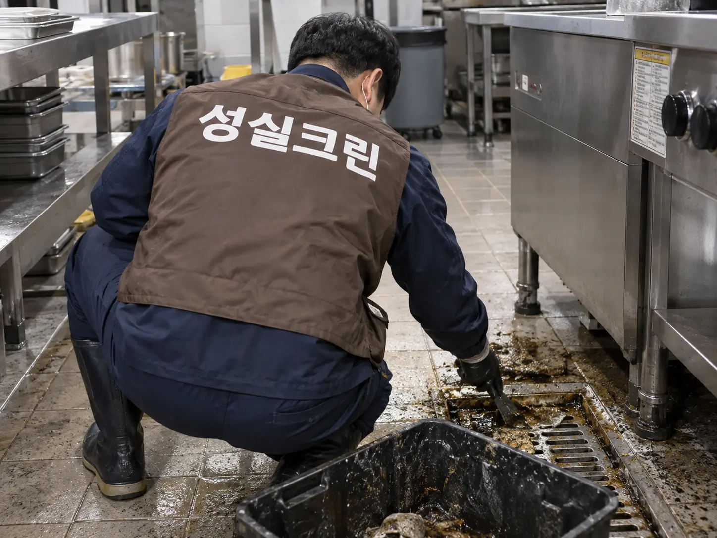 배수구 주변 기름찌꺼기 회수