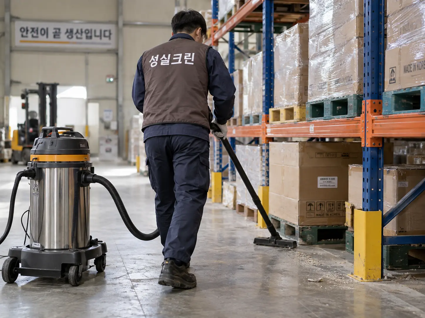 창고 랙 하부 포장분진 진공청소