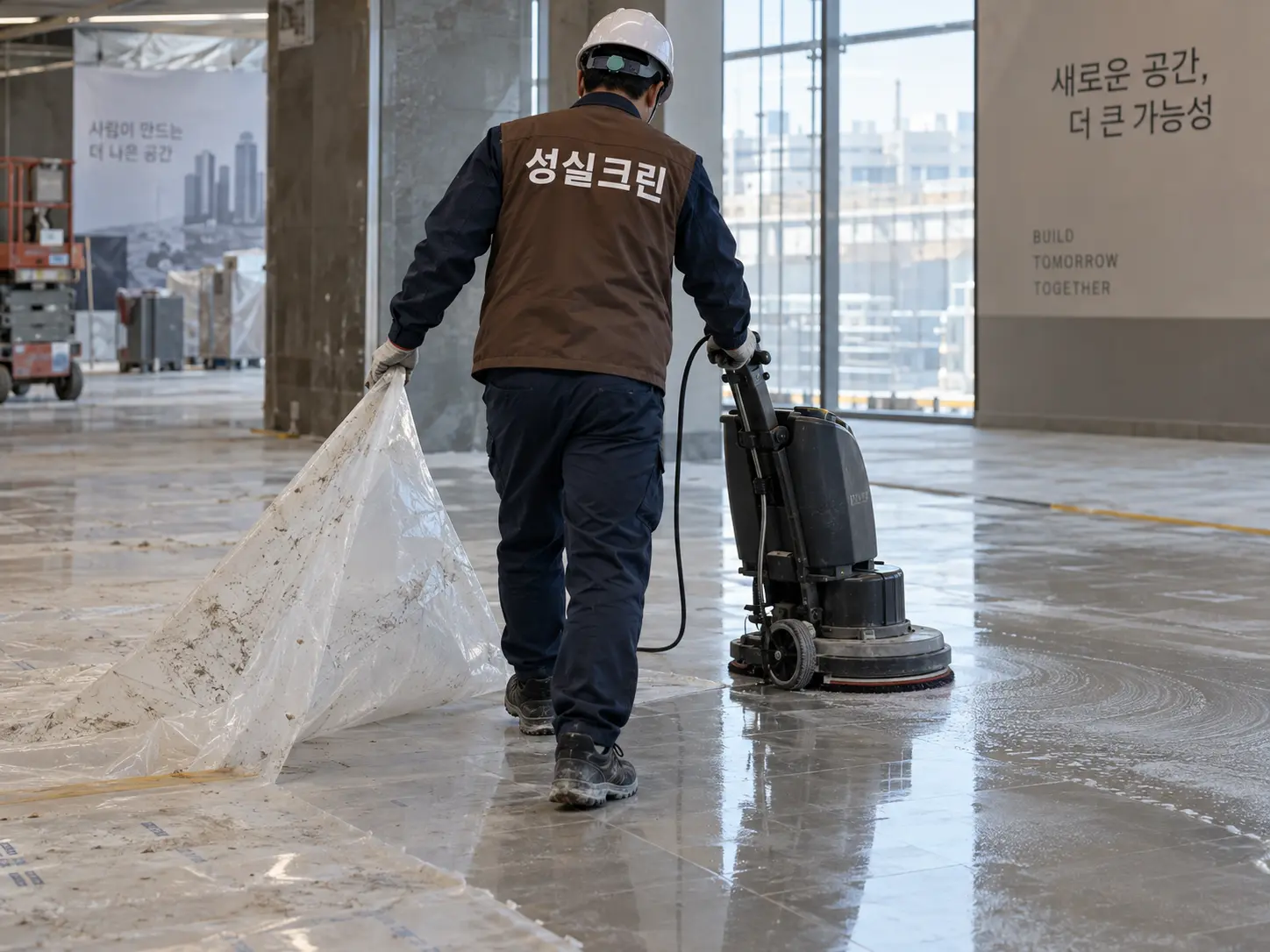 준공현장 바닥 보양재 제거 후 세척