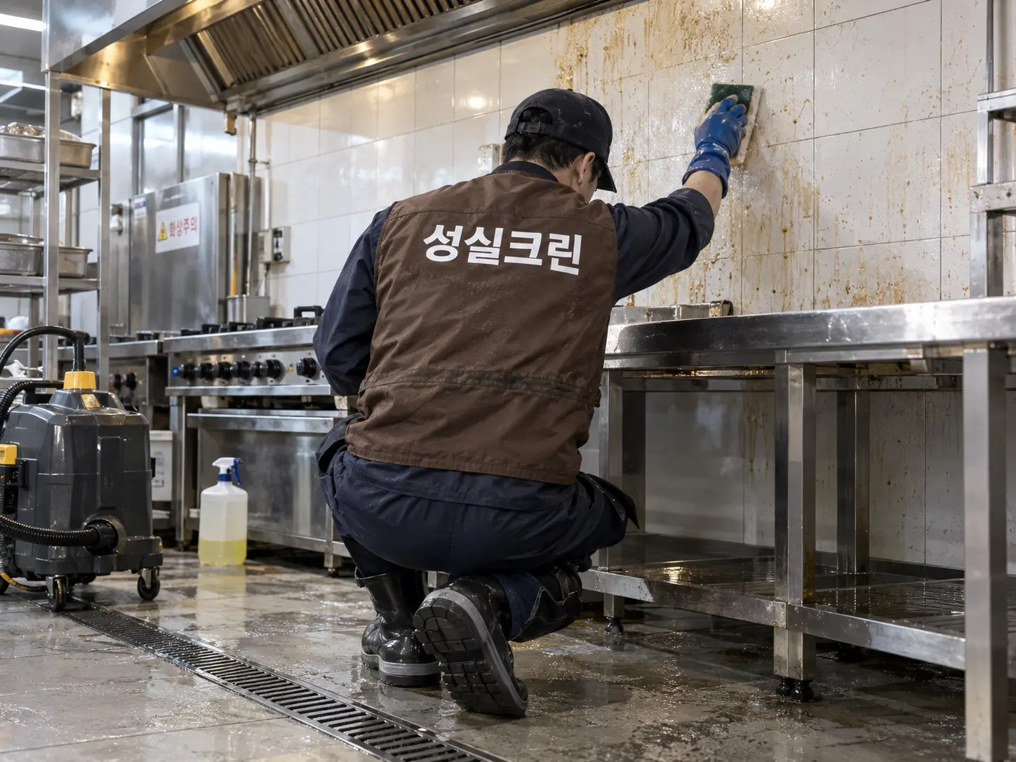 주방 벽면과 작업대 하부 기름오염 제거