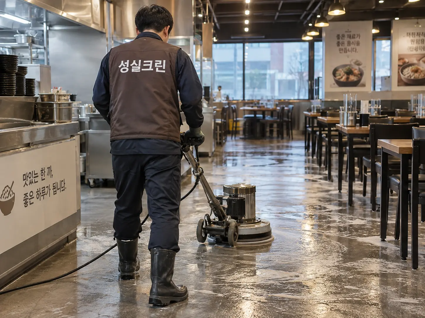 식당 홀 바닥 일회성 대청소
