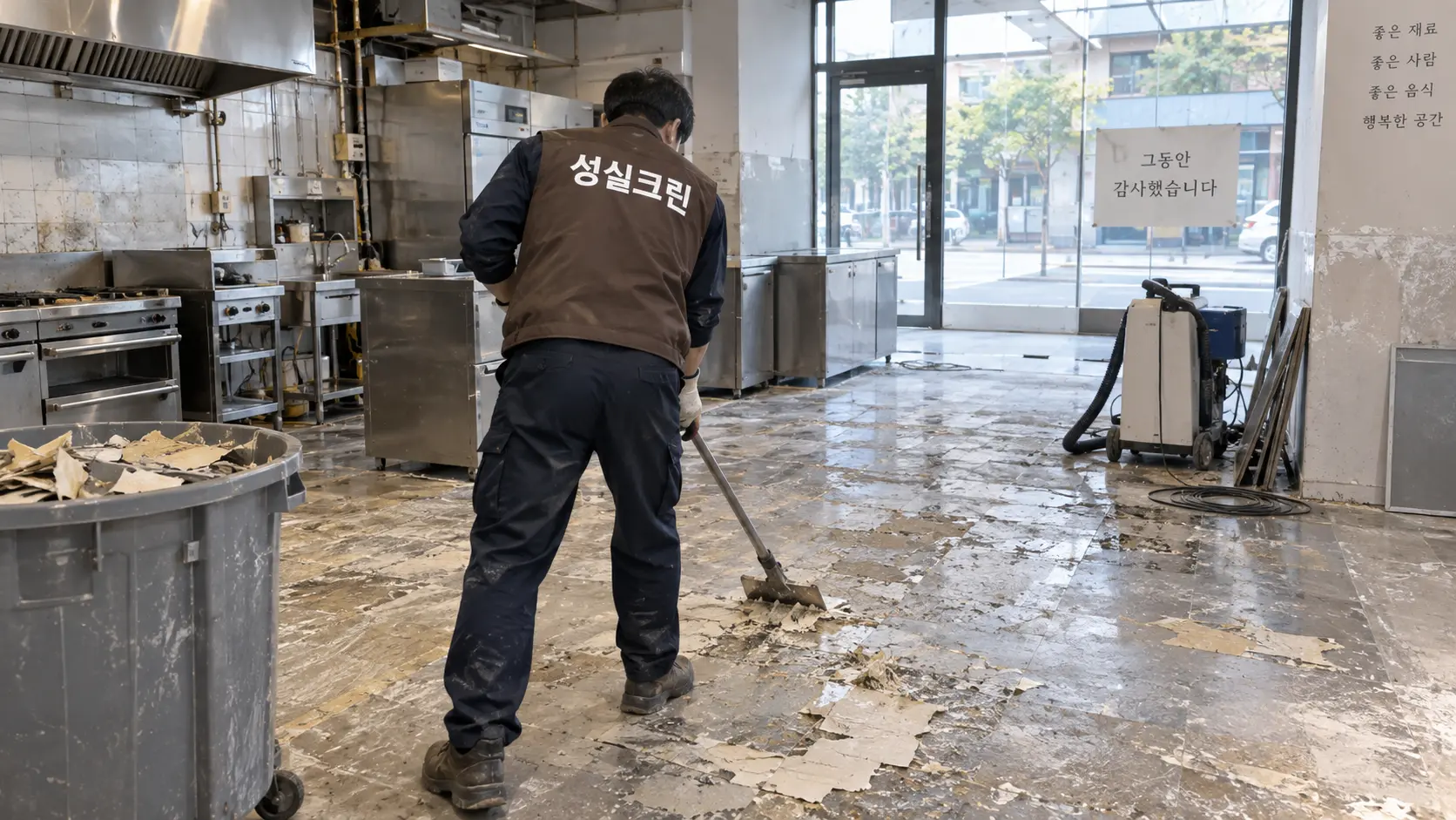 퇴거한 상가 바닥 접착제 제거