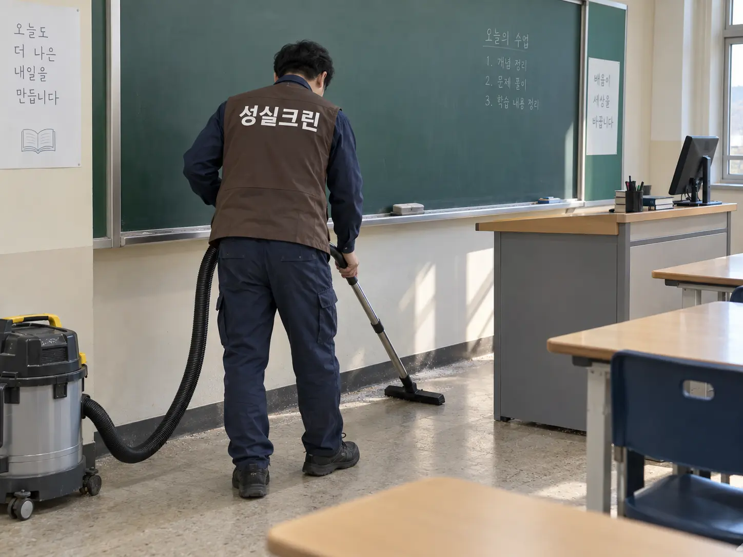칠판 아래 분진과 교탁 주변 청소