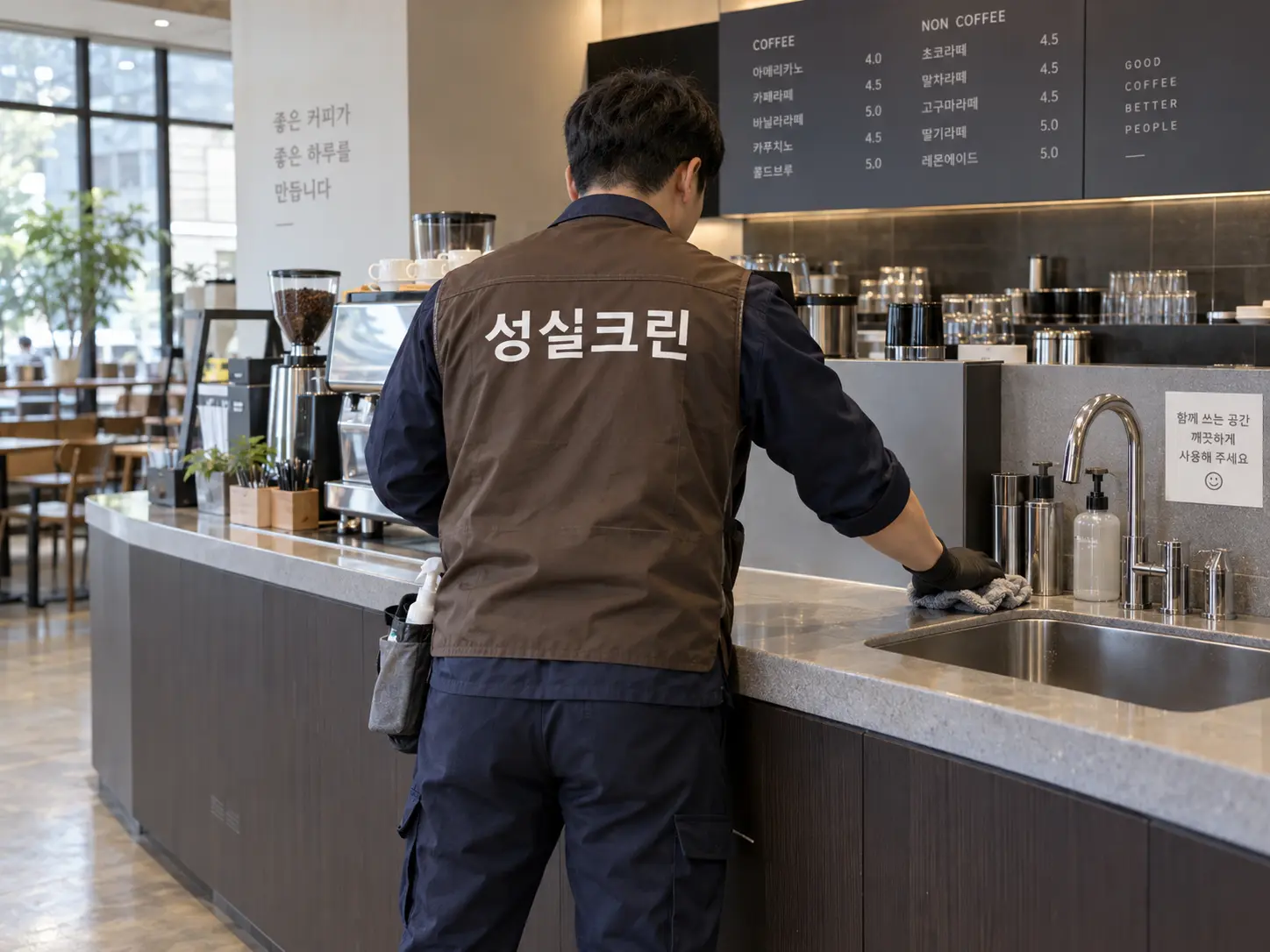 카페 카운터 외부와 공용싱크대 청소