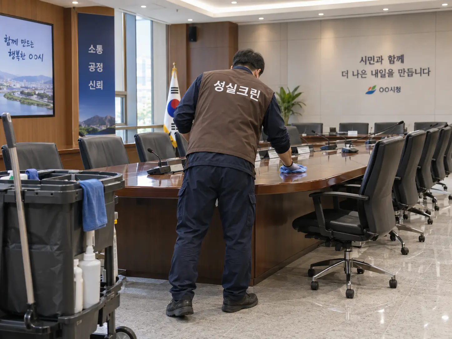 관공서 회의실 테이블과 바닥 청소