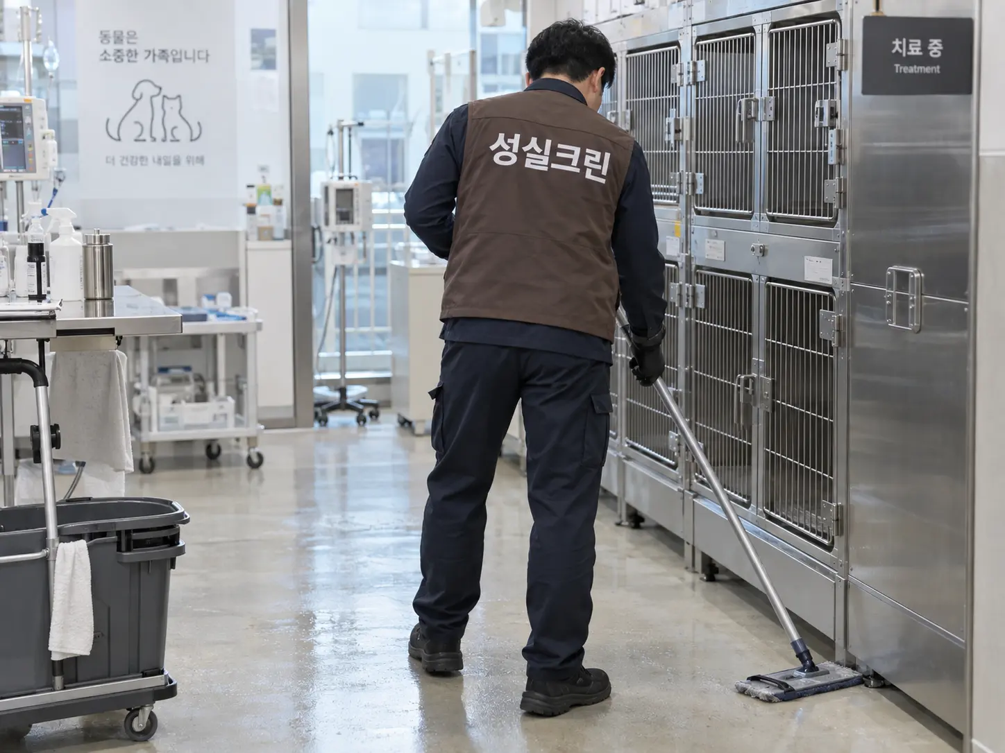동물병원 처치실 바닥과 케이지 외부 청소
