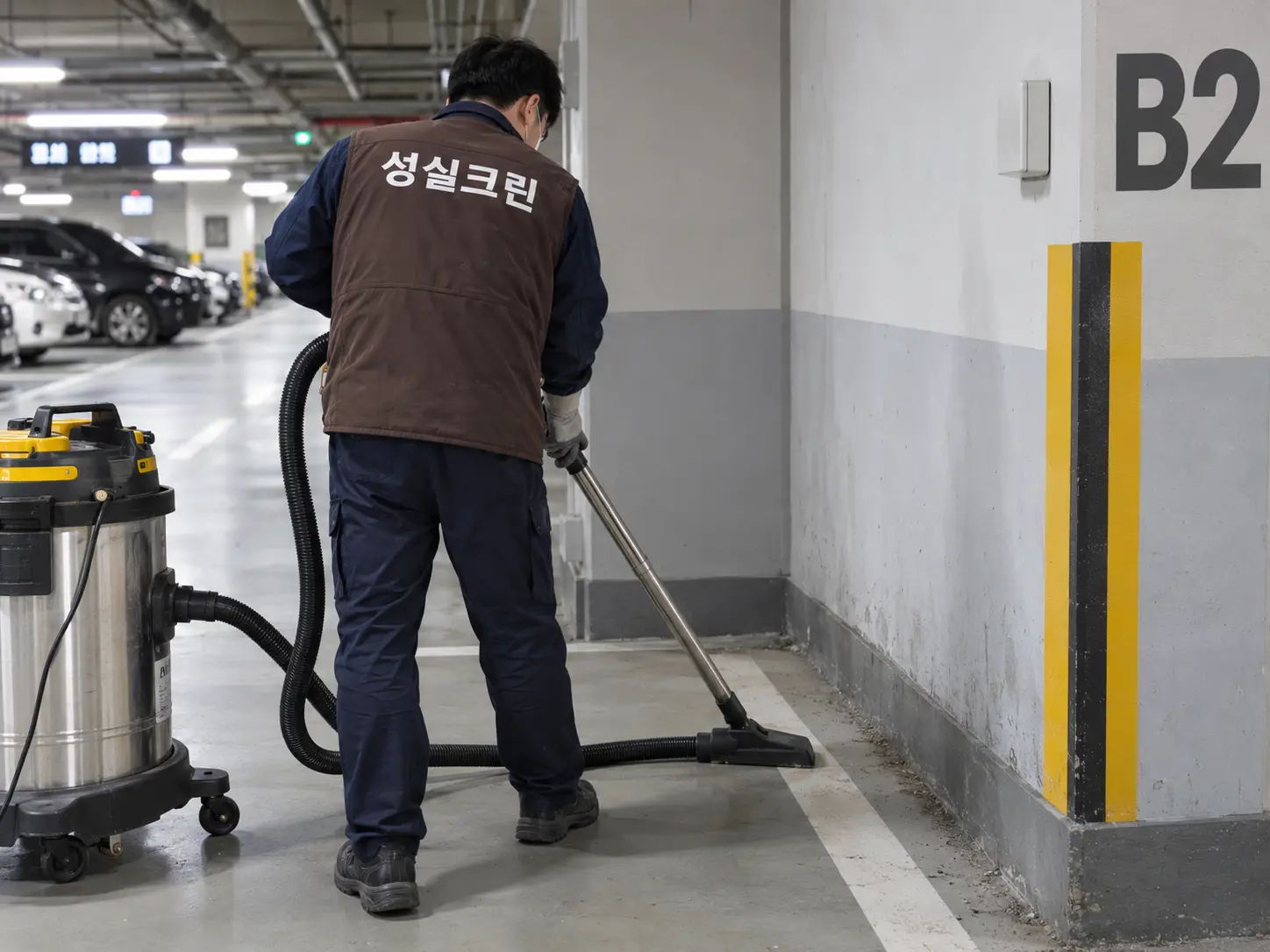 주차면 모서리와 벽면 하단 분진 청소