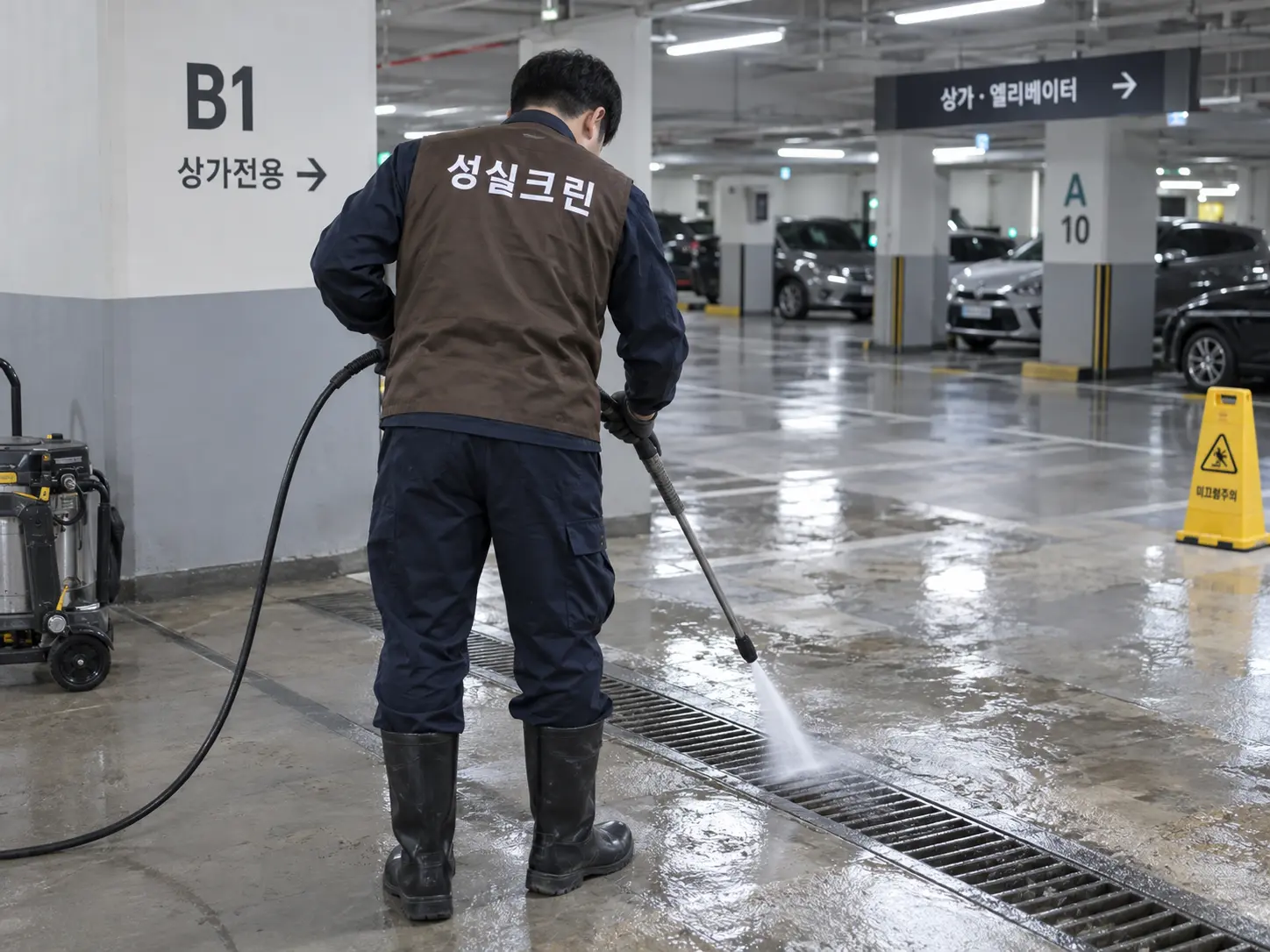주차장 배수구 주변 오염 세척