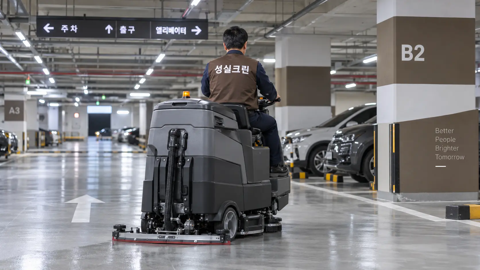 지하주차장 바닥 탑승식 세척기 작업