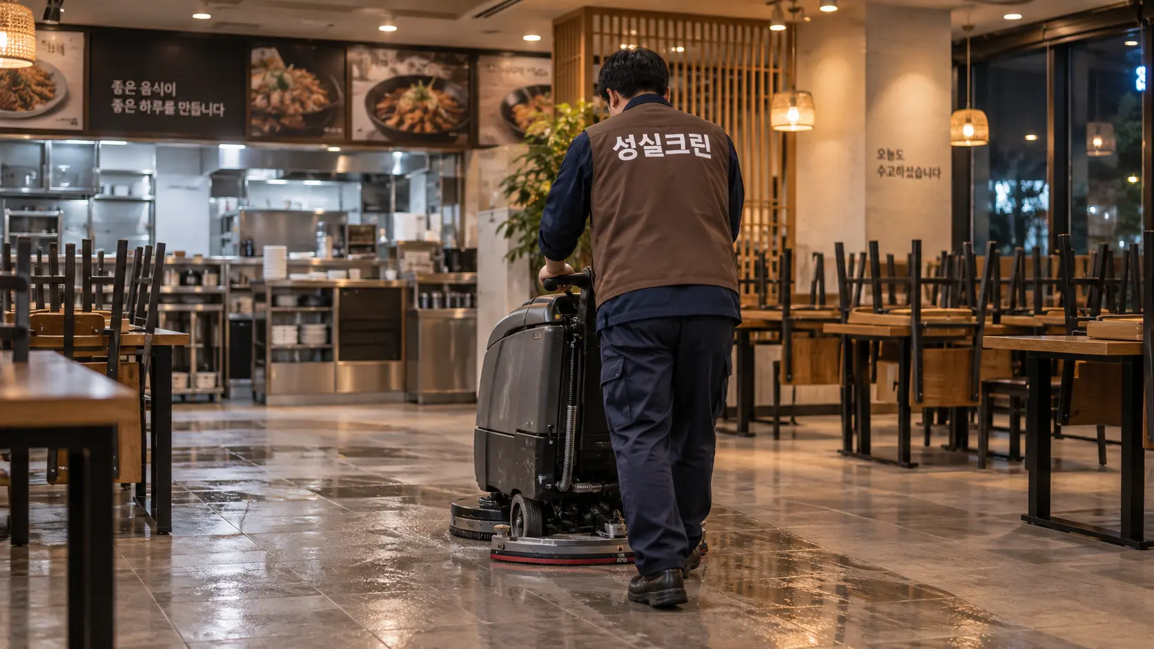 식당 영업 종료 후 홀 바닥 세척