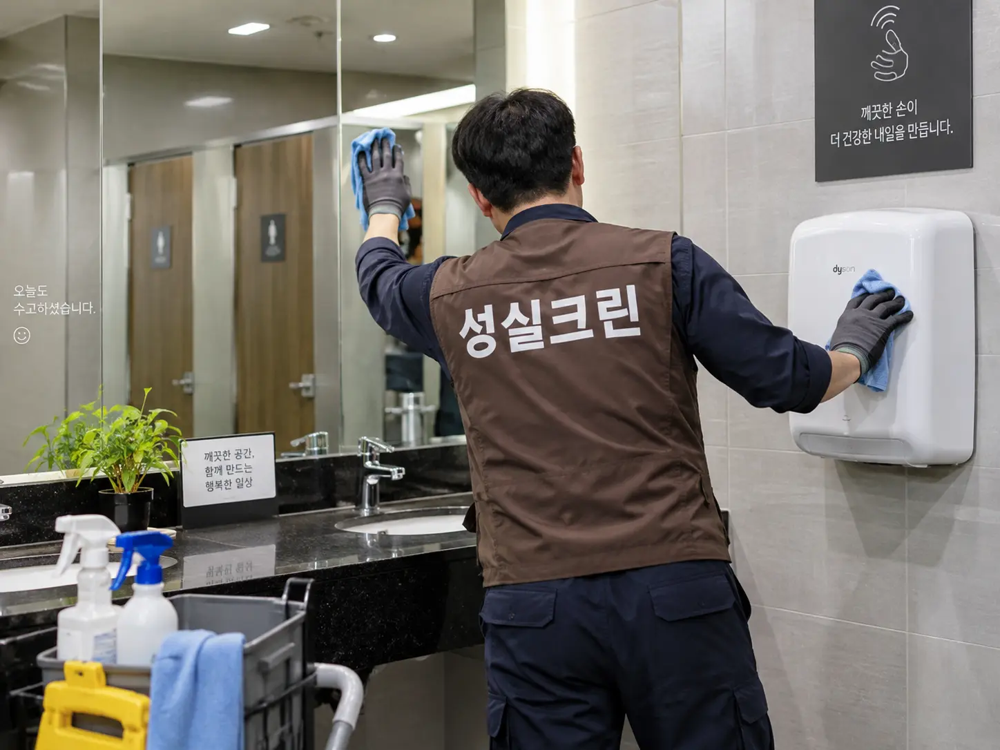 거울과 손건조기 표면 청소